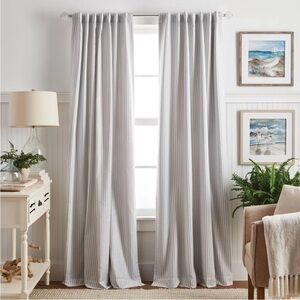 Set four blackout 95” gray striped ticking curtain panels